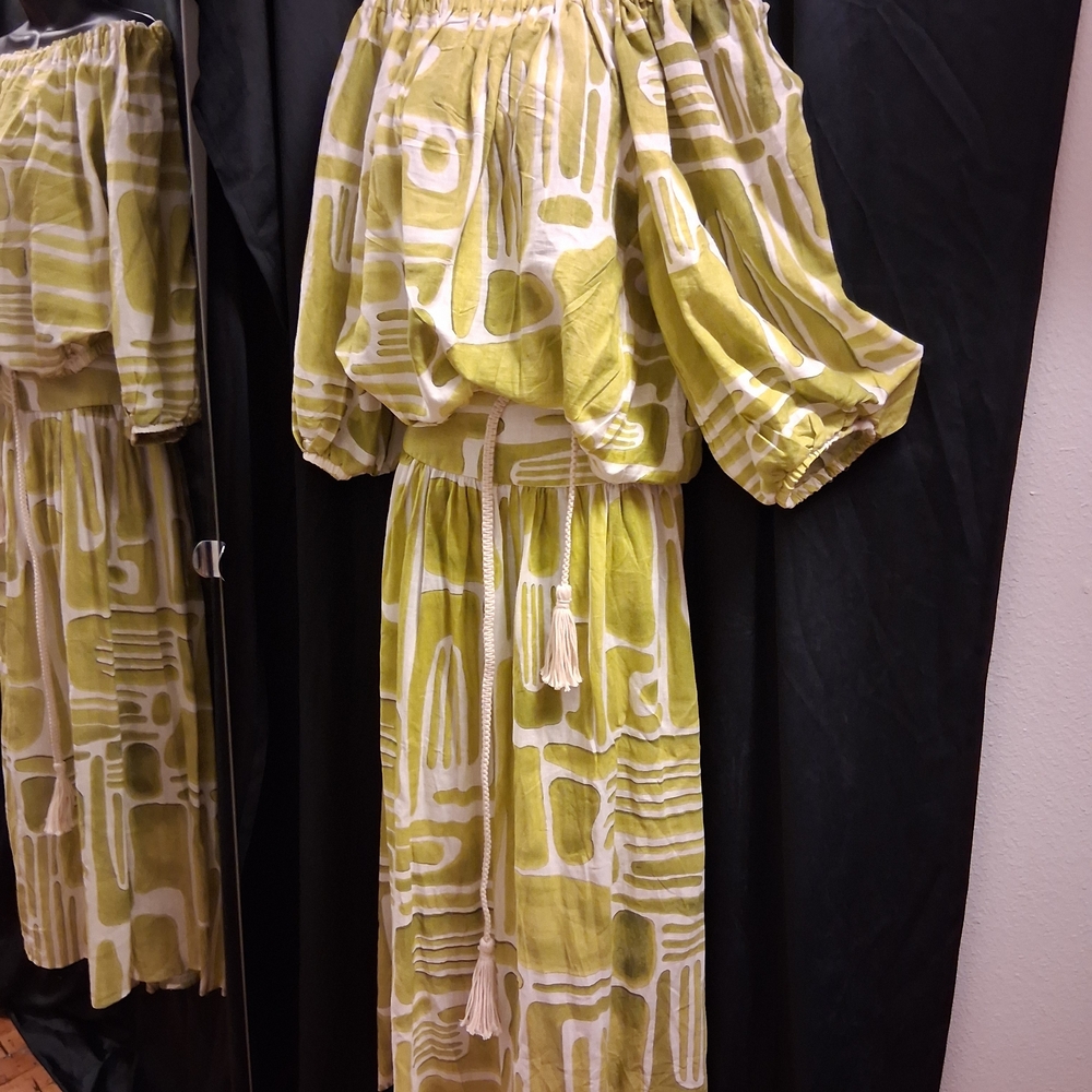 Christian Siriano Olive Patterned Off-Shoulder Top/Skirt Maxi Dress